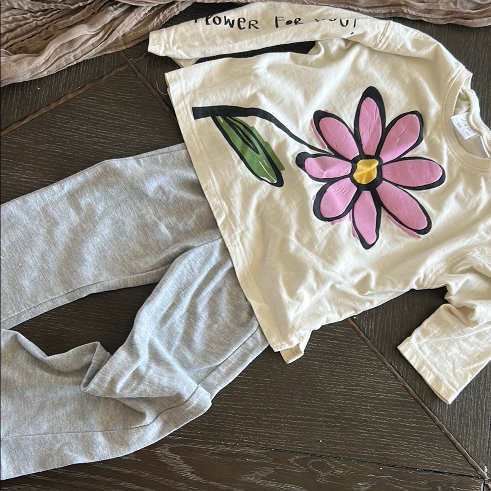 Floral Graphic Tee and Gray Pants Set